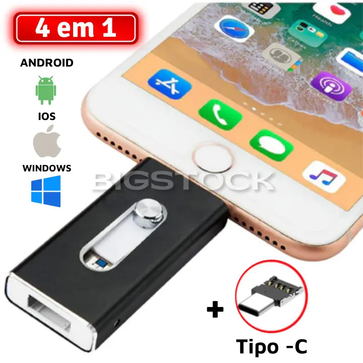 Pen Drive Universal 4 em 1 para Celular™ - IOS, Android, USB e Tipo C